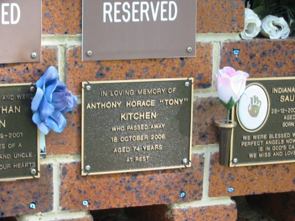 Anthony Horace (Tony) KITCHEN,  | died 18 Oct 2006 aged 74 years;  | Bribie Island Memorial Gardens, Caboolture Shire  | 