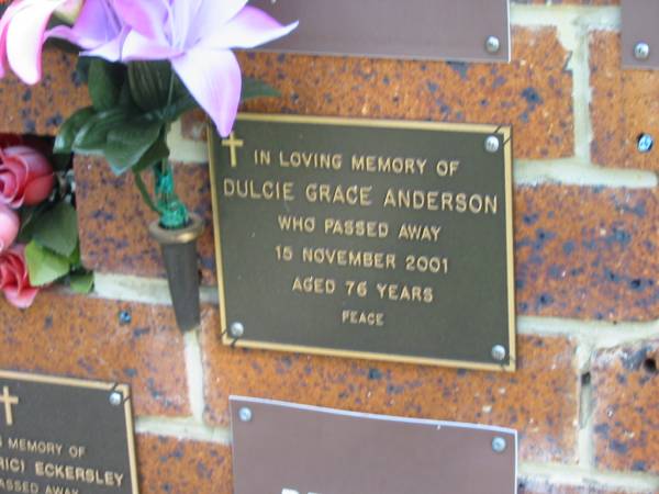 Dulcie Grace ANDERSON,  | died 15 Nov 2001 aged 76 years;  | Bribie Island Memorial Gardens, Caboolture Shire  | 