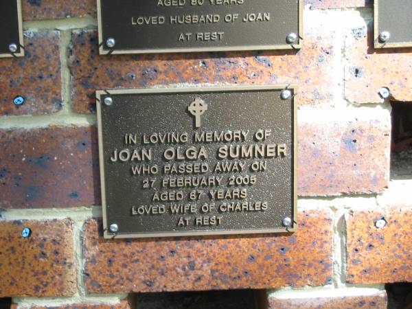 Joan Olga SUMNER,  | died 27 Feb 2005 aged 87 years,  | wife of Charles;  | Bribie Island Memorial Gardens, Caboolture Shire  | 