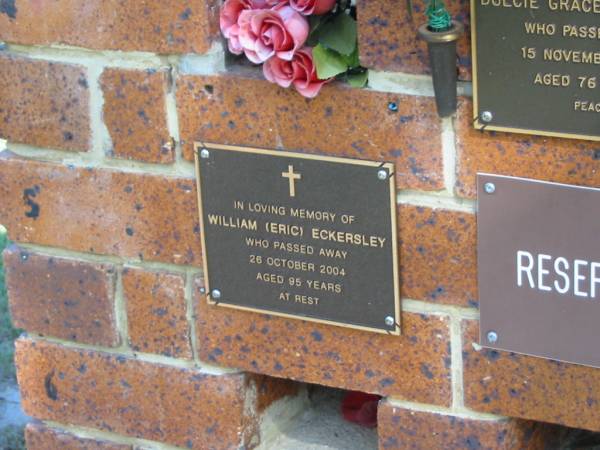 William (Eric) ECKERSLEY,  | died 26 Oct 2004 aged 95 years;  | Bribie Island Memorial Gardens, Caboolture Shire  | 