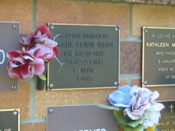 Frank Lewis WEBB,  | died 13 Aug 1998 aged 80 years;  | Bribie Island Memorial Gardens, Caboolture Shire  | 