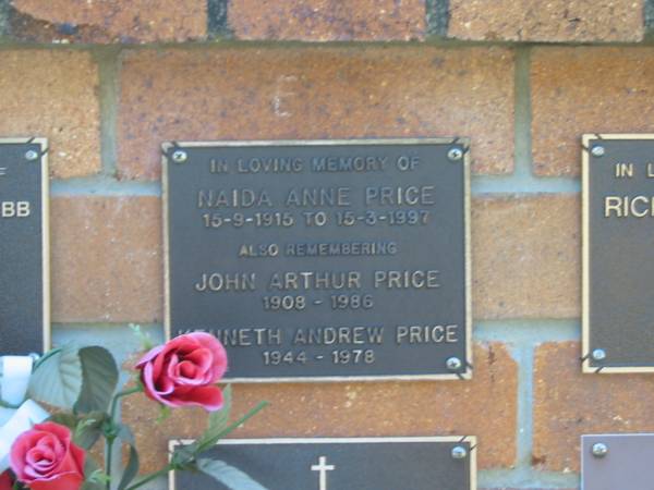 Naida Anna PRICE,  | 15-9-1915 - 15-3-1997;  | John Arthur PRICE,  | 1908 - 1986;  | Kenneth Andrew PRICE,  | 1944 - 1978;  | Bribie Island Memorial Gardens, Caboolture Shire  | 