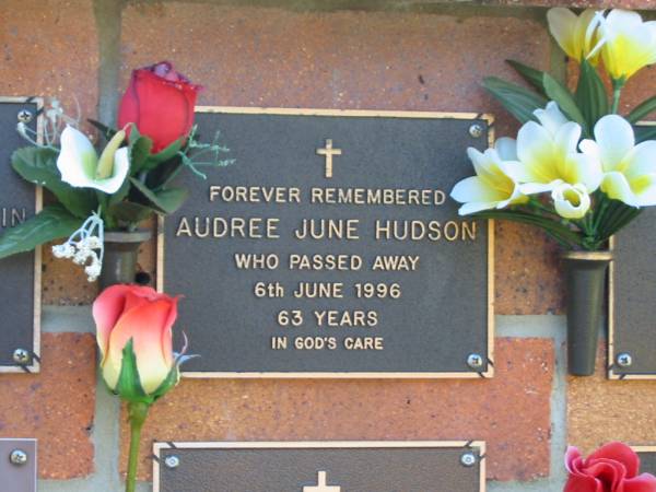 Audree June HUDSON,  | died 6 June 1996 aged 63 years;  | Bribie Island Memorial Gardens, Caboolture Shire  | 