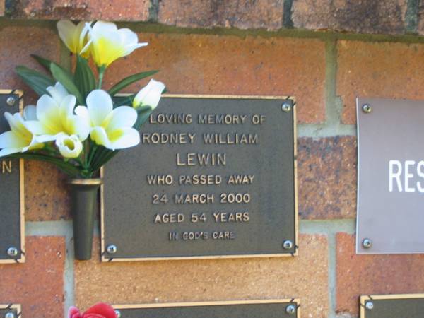 Rodney William LEWIN,  | died 24 March 2000 aged 54 years;  | Bribie Island Memorial Gardens, Caboolture Shire  | 