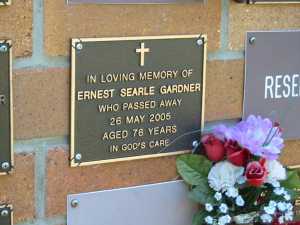 Ernest Searle GARDNER,  | died 26 May 2005 aged 76 years;  | Bribie Island Memorial Gardens, Caboolture Shire  | 