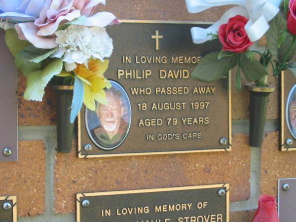 Philip David ????,  | died 18 Aug 1997 aged 79 years;  | Bribie Island Memorial Gardens, Caboolture Shire  | 