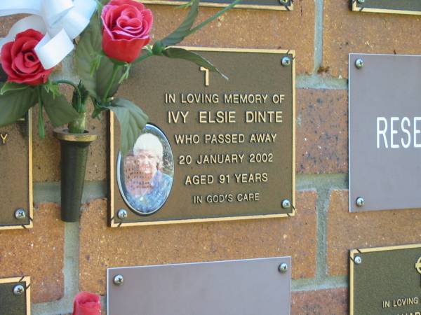 Ivy Elsie DINTE,  | died 20 Jan 2002 aged 91 years;  | Bribie Island Memorial Gardens, Caboolture Shire  | 