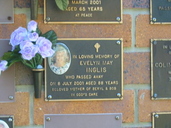 Evelyn May INGLIS,  | died 8 July 2001 aged 88 years,  | mother of Beryl & Bob;  | Bribie Island Memorial Gardens, Caboolture Shire  | 