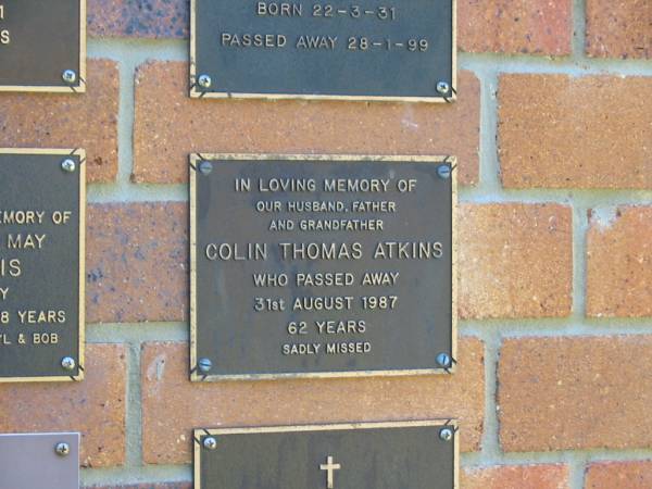 Colin Thomas ATKINS,  | husband father grandfather,  | died 31 Aug 1987 aged 62 years;  | Bribie Island Memorial Gardens, Caboolture Shire  | 