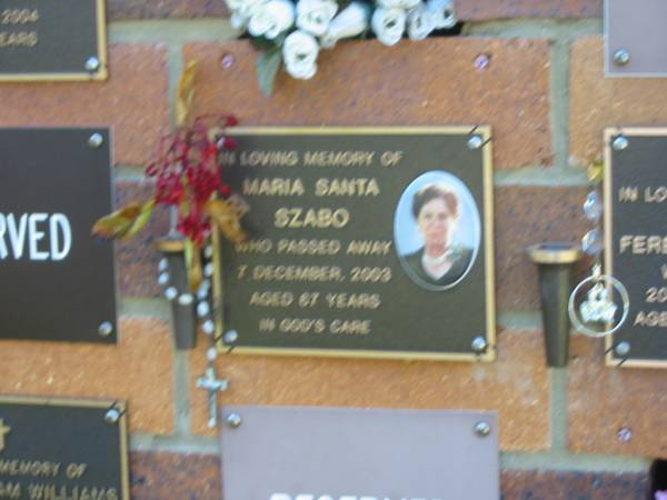 Maria Santa SZABO,  | died 7 Dec 2004 aged 67 years;  | Bribie Island Memorial Gardens, Caboolture Shire  | 