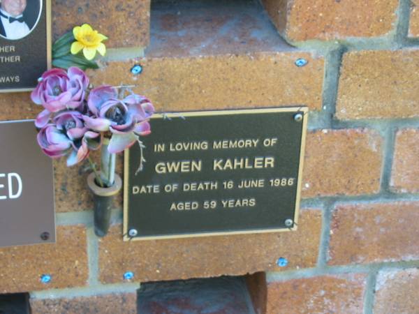 Gwen KAHLER,  | died 16 June 1986 aged 59 years;  | Bribie Island Memorial Gardens, Caboolture Shire  | 