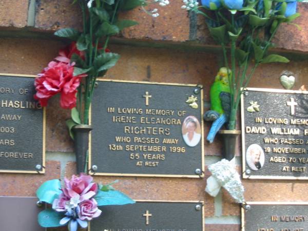 Irene Eleanora RICHTERS,  | died 13 Sept 1996 aged 55 years;  | Bribie Island Memorial Gardens, Caboolture Shire  | 