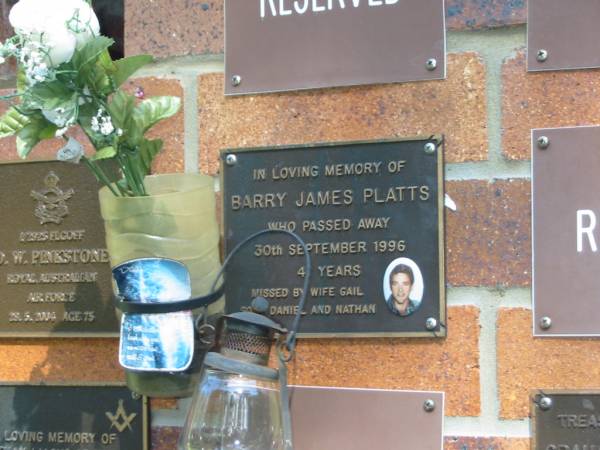 Barry James PLATTS,  | died 30 Sept 1996 aged 41? years,  | wife Gail,  | sons Daniel & Nathan;  | Bribie Island Memorial Gardens, Caboolture Shire  | 