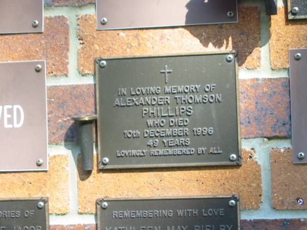 Alexander Thomson PHILLIPS,  | died 10 Dec 1996 aged 49 years;  | Bribie Island Memorial Gardens, Caboolture Shire  | 