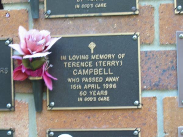 Terence (Terry) CAMPBELL,  | died 15 April 1996 aged 60 years;  | Bribie Island Memorial Gardens, Caboolture Shire  | 