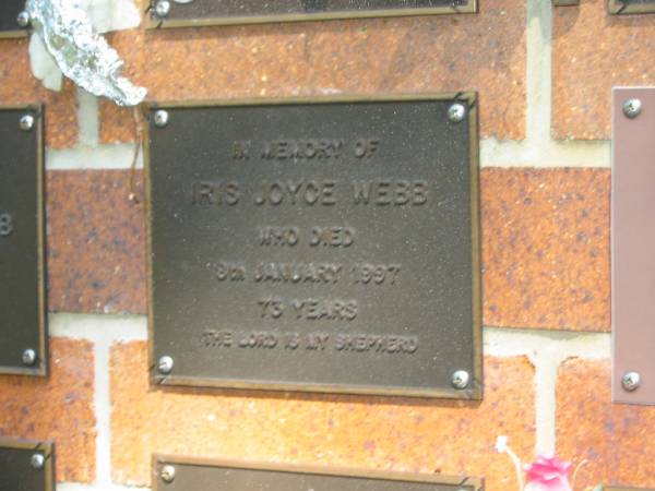 Iris Joyce WEBB,  | died 8 Jan 1997 aged 73 years;  | Bribie Island Memorial Gardens, Caboolture Shire  | 