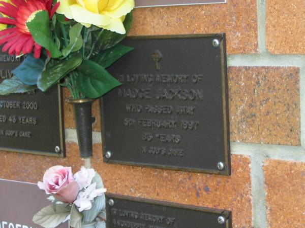 Madge JACKSON,  | died 5 Feb 1997 aged 83 years;  | Bribie Island Memorial Gardens, Caboolture Shire  | 