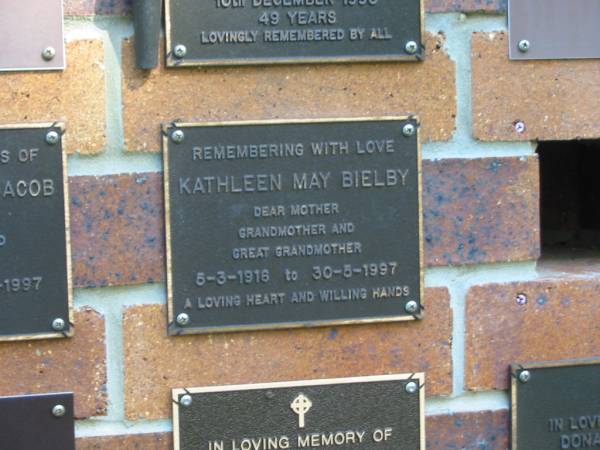 Kathleen May BIELBY,  | mother grandmother great-grandmother,  | 5-3-1916 - 30-5-1997;  | Bribie Island Memorial Gardens, Caboolture Shire  | 