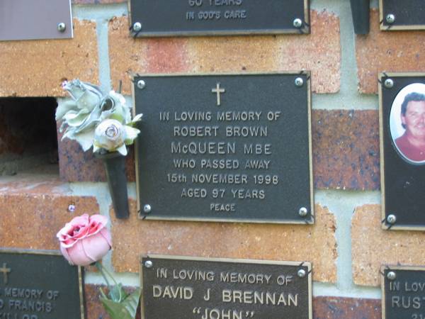 Robert Brown MCQUEEN,  | died 15 Nov 1998 aged 97 years;  | Bribie Island Memorial Gardens, Caboolture Shire  | 
