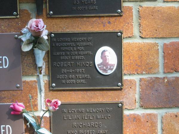 Robert HINDS,  | husband father pop,  | died 26-4-1997 aged 66 years;  | Bribie Island Memorial Gardens, Caboolture Shire  | 