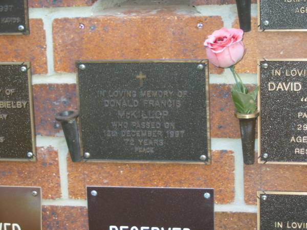 Donald Francis MCKILLOP,  | died 12 Dec 1997 aged 72 years;  | Bribie Island Memorial Gardens, Caboolture Shire  | 