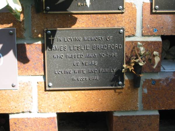 James Leslie BRADFORD,  | died 10-7-86 aged 69 years,  | loving wife & family;  | Bribie Island Memorial Gardens, Caboolture Shire  | 