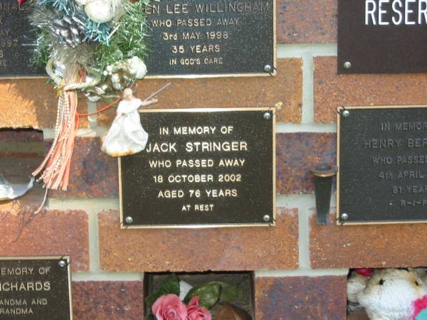Jack STRINGER,  | died 18 Oct 2002 aged 76 years;  | Bribie Island Memorial Gardens, Caboolture Shire  | 