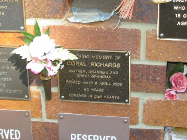 Coral RICHARDS,  | mother grandma great-grandma,  | died 9 April 2005 aged 82 years;  | Bribie Island Memorial Gardens, Caboolture Shire  | 