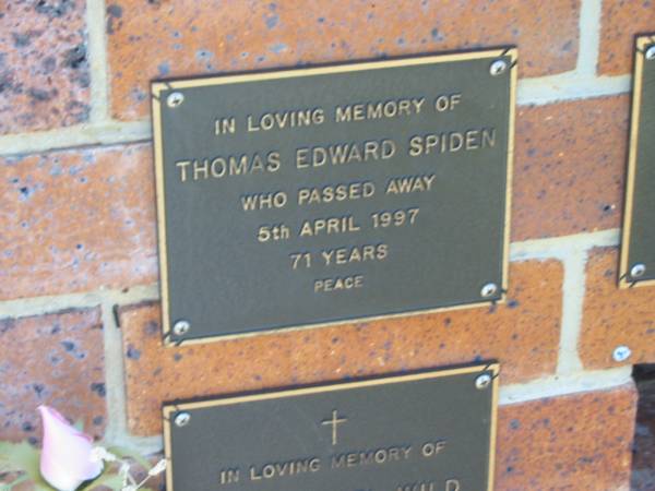Thomas Edward SPIDEN,  | died 5 April 1997 aged 71 years;  | Bribie Island Memorial Gardens, Caboolture Shire  | 
