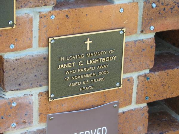 Janet C. LIGHTBODY,  | died 12 Nov 2005 aged 63 years;  | Bribie Island Memorial Gardens, Caboolture Shire  | 