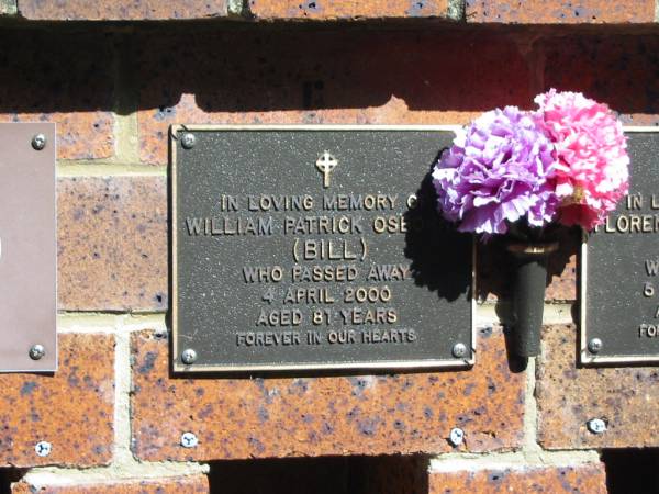 William Patrick (Bill) OSBOURNE,  | died 4 April 2000 aged 81 years;  | Bribie Island Memorial Gardens, Caboolture Shire  | 