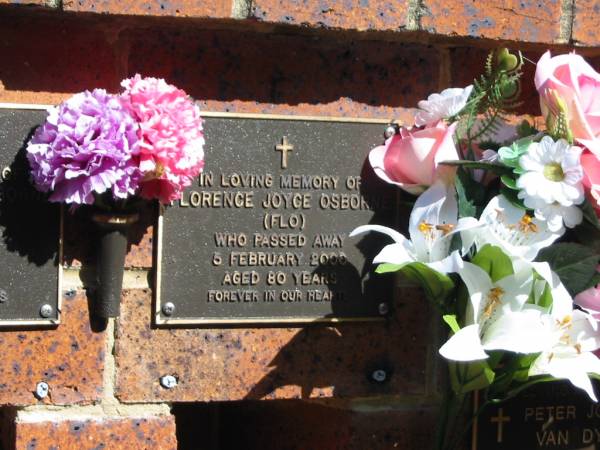 Florence (Flo) Joyce OSBORNE,  | died 5 Feb 2000 aged 80 years;  | Bribie Island Memorial Gardens, Caboolture Shire  | 