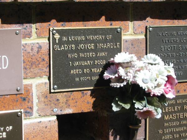 Gladys Joyce MCARDLE,  | died 1 Jan 2002 aged 80 years;  | Bribie Island Memorial Gardens, Caboolture Shire  | 