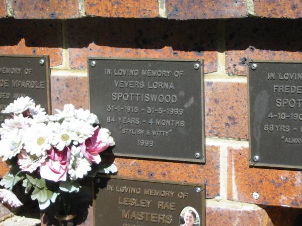 Vevers Lorna SPOTTISWOOD,  | 31-1-1915 - 31-5-1999 aged 84 years 4 months;  | Bribie Island Memorial Gardens, Caboolture Shire  | 