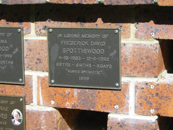 Frederick David SPOTTISWOOD,  | 4-10-1903 - 12-6-1992  | aged 88 years 8 months 8 days;  | Bribie Island Memorial Gardens, Caboolture Shire  | 
