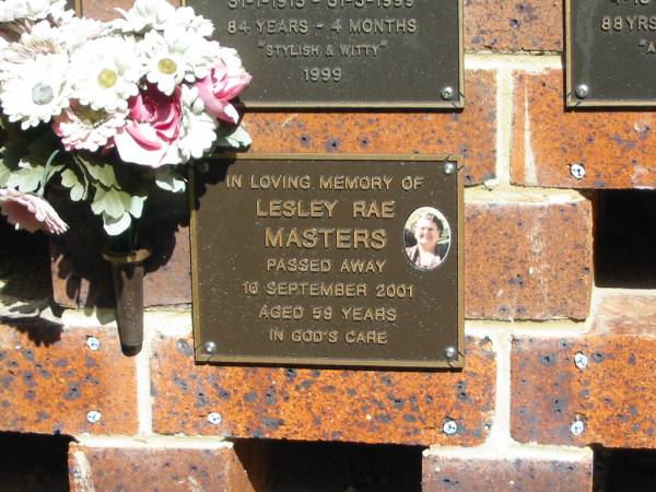 Lesley Rae MASTERS,  | died 10 Sept 2001 aged 59 years;  | Bribie Island Memorial Gardens, Caboolture Shire  | 