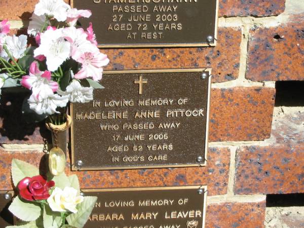 Madeleine Anne PITTOCK,  | died 17 June 2005 aged 52 years;  | Bribie Island Memorial Gardens, Caboolture Shire  | 