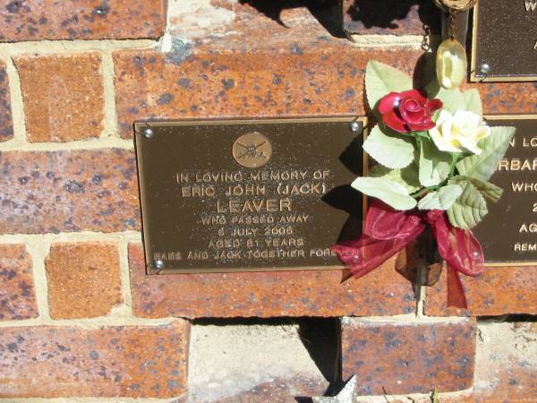 Eric John (Jack) LEAVER,  | died 6 July 2006 aged 81 years,  | with Babs;  | Bribie Island Memorial Gardens, Caboolture Shire  |   | 