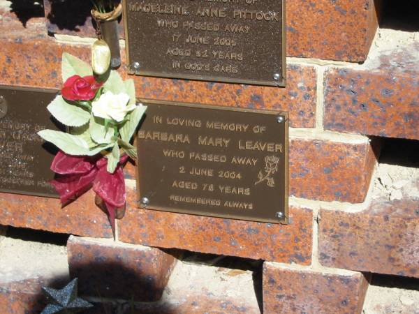 Barbara Mary LEAVER,  | died 2 June 2004 aged 78 years;  | Bribie Island Memorial Gardens, Caboolture Shire  | 