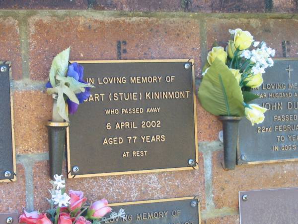 Stuart (Stuie) KININMONT,  | died 6 April 2002 aged 77 years;  | Bribie Island Memorial Gardens, Caboolture Shire  | 