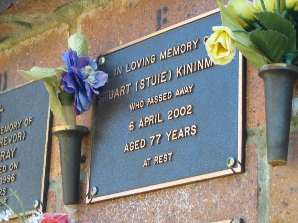 Stuart (Stuie) KININMONT,  | died 6 April 2002 aged 77 years;  | Bribie Island Memorial Gardens, Caboolture Shire  | 