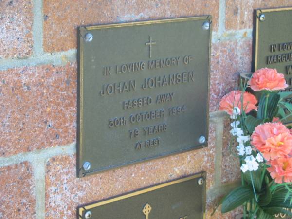 Johan JOHANSEN,  | died 30 Oct 1994 aged 79 years;  | Bribie Island Memorial Gardens, Caboolture Shire  | 