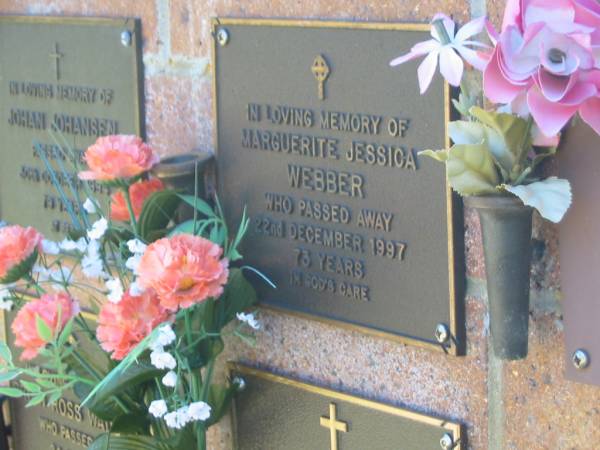 Marguerite Jessica WEBBER,  | died 22 Dec 1997 aged 73 years;  | Bribie Island Memorial Gardens, Caboolture Shire  | 