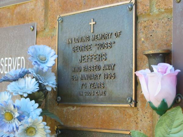 George (Ross) JEFFERS,  | died 6 Jan 1995 aged 74 years;  | Bribie Island Memorial Gardens, Caboolture Shire  | 