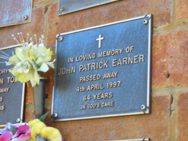 John Patrick EARNER,  | died 4 April 1997 aged 64 years;  | Bribie Island Memorial Gardens, Caboolture Shire  | 