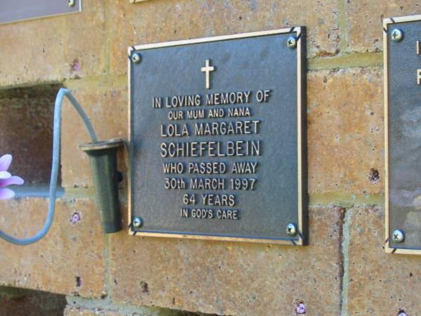 Lola Margaret SCHIEFELBEIN,  | died 30 March 1997 aged 64 years;  | Bribie Island Memorial Gardens, Caboolture Shire  | 