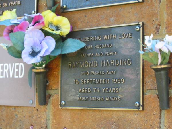 Raymond HARDING,  | husband father poppy,  | died 10 Sept 1999 aged 74 years;  | Bribie Island Memorial Gardens, Caboolture Shire  | 