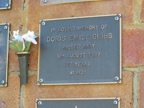 Doris Emily GIBBS,  | died 9 Aug 1997 aged 77 years;  | Bribie Island Memorial Gardens, Caboolture Shire  | 