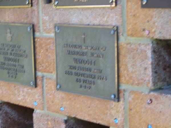 Marjorie Alwyn WAYCOTT,  | died 25 Sept 1976? aged 55 years;  | Bribie Island Memorial Gardens, Caboolture Shire  | 