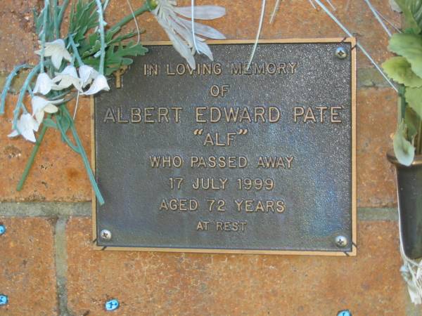 Albert Edward (Alf) PATE,  | died 17 July 1999 aged 72 years;  | Bribie Island Memorial Gardens, Caboolture Shire  | 